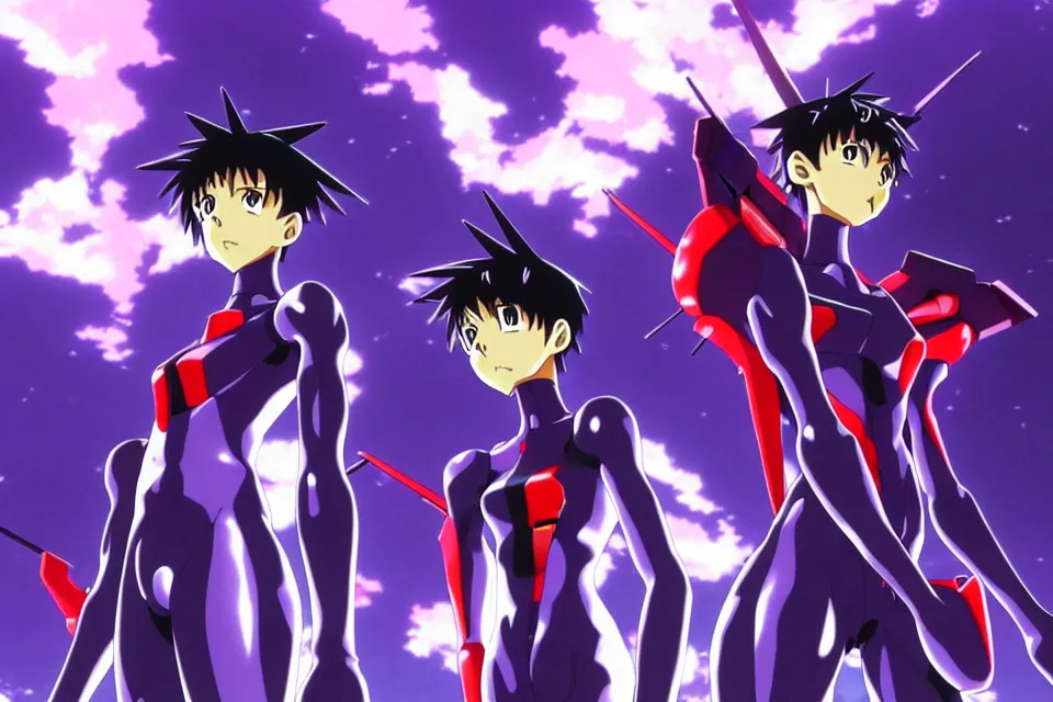 Prompt: anime illustration of black detailed lonely evangelion eva - 0 1 standing menacingly behind ikari shinji, cinematic lighting, evangelion anime poster, rebuild of evangelion 1 0 8 0 p, 9 0 s anime aesthetic, volumetric lights, rule of thirds, unreal engine render, pinterest wallpaper, trending on artstation