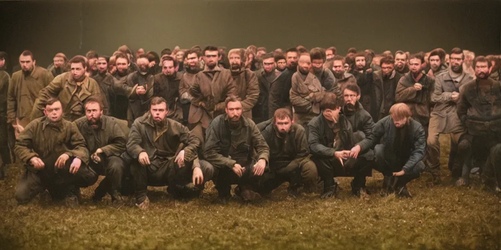 Image similar to detailed medium format photo, polaroid still from tarkovsky movie, group of english football hooligans, haze, high production value, intricate details, 8 k resolution, hyperrealistic, hdr, photorealistic, high definition, tehnicolor, award - winning photography, masterpiece, amazing colors