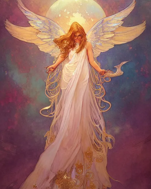 Prompt: an angel with wings, highly detailed, very intricate, art nouveau, gold filigree, romantic storybook fantasy, soft cinematic lighting, award - winning, disney concept art watercolor illustration by mandy jurgens and alphonse mucha and alena aenami, pastel color palette, featured on artstation