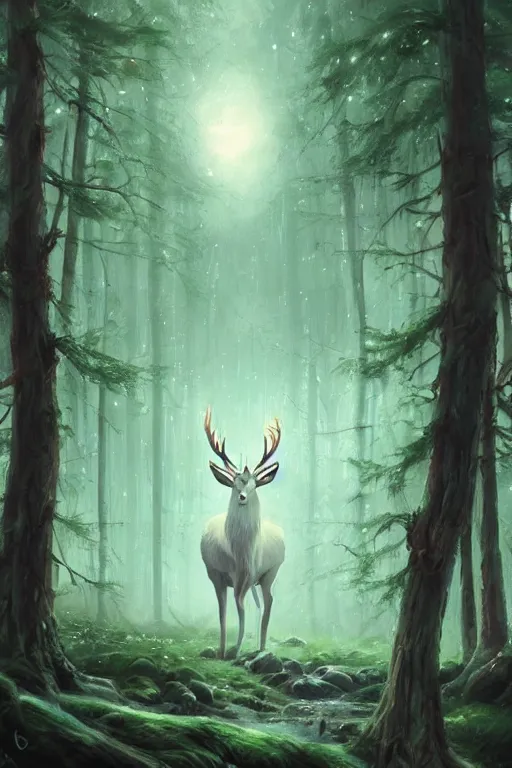 Image similar to Magical White Stag in the distance, lush evergreen forest, vivid colors, night scene, 4K, character concept art, oil painting, digital painting, painterly, cinematic lighting, rule of thirds, trending in artstation, cgsociety, by anato finnstark, Artgerm, Greg Rutkowski, Joseph Christian Leyendecker