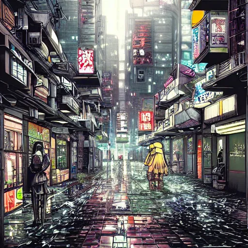 Image similar to manga illustration of poor cyberpunk city, rainy weather, highly detailed