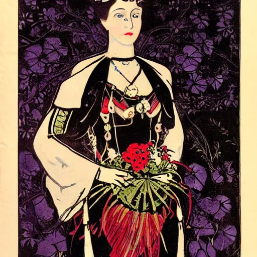 Image similar to a royal portrait of a cyborg woman. she holds a globe in one hand and flowers in the other. illustrated by burton rice. black orchids. 1 9 1 2.