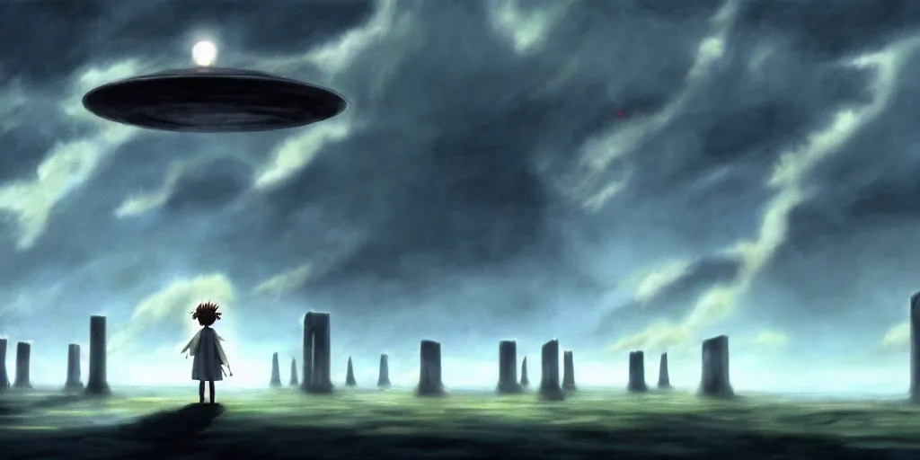 Prompt: a realistic and atmospheric cell - shaded concept art from howl's moving castle ( 2 0 0 4 ) of a ufo on the ground. a grey monk is standing in a futurist sci - fi city that looks like stonehenge in a flooded rainforest. it is a misty starry night. very dull muted colors, hd, 4 k, hq