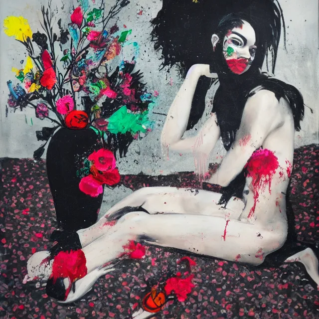 Image similar to empty room with black walls, sensual portrait of a woman, broken vase, spilled flowers, puddle of water, octopus, squashed berries, neo - expressionism, surrealism, acrylic and spray paint and oilstick on canvas