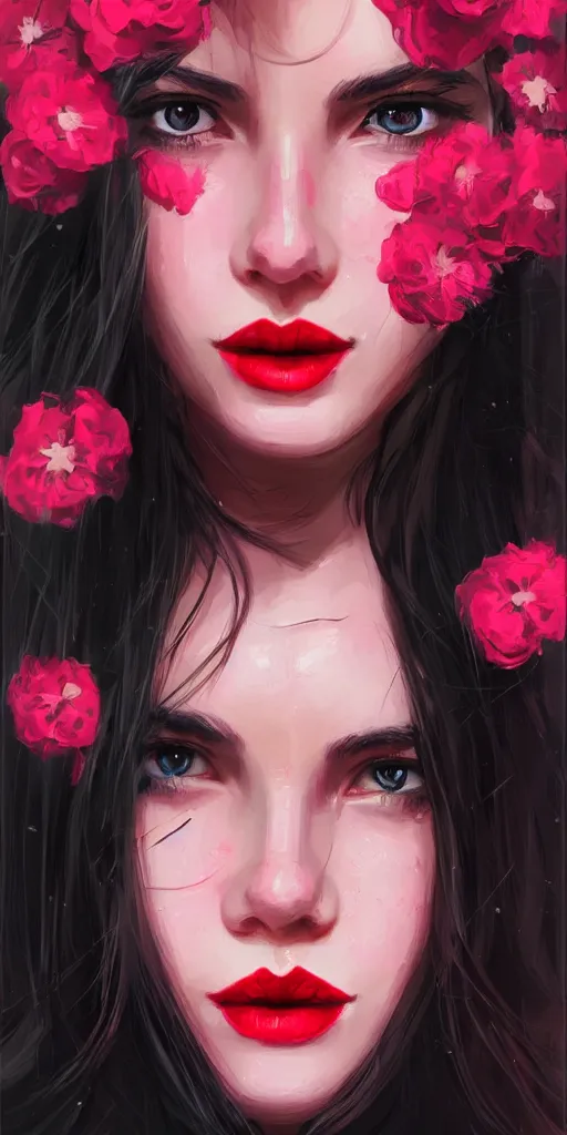 Prompt: a young beautiful woman portrait with long black hair, red lips, pink flowers around her face, rich details, concept art, best artstation, like petros afshar style