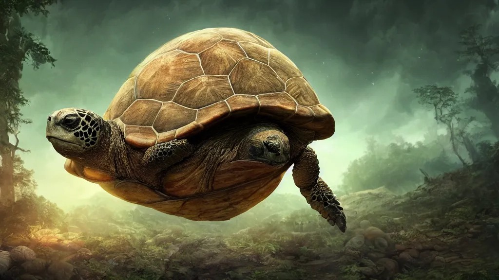 Image similar to the world turtle carrying earth on his back as it floats through space, shell made up of earth, forest shell, fantasy artwork, very very very beautiful scenery, hd, hdr, ue5, ue6, unreal engine 5, cinematic 4k wallpaper, 8k, ultra detailed, high resolution, artstation, award winning