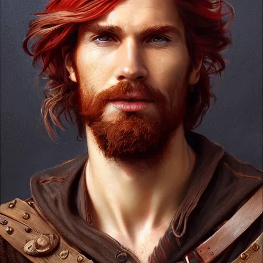 Image similar to portrait of a young ruggedly handsome but joyful pirate, male, masculine, upper body, red hair, long hair, d & d, fantasy, seductive smirk, intricate, elegant, highly detailed, digital painting, artstation, concept art, matte, sharp focus, illustration, art by artgerm and greg rutkowski and alphonse mucha