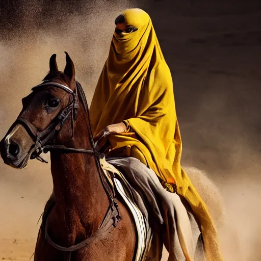 Image similar to ultra - photorealistic, burqa woman driving horse and handling weapon, dust, yellow cinematic, 4 k, 8 0 0 mm, uhd, vogue, winning photo of the year, sharp focus, intricate, hyperdetailed