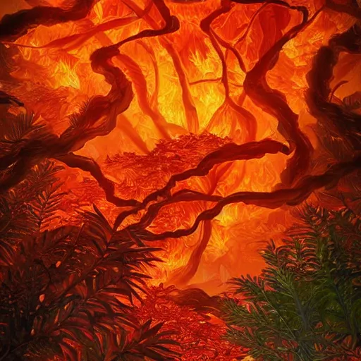 Prompt: A flaming forest , flaming leaves,Magma,flame stones are scattered, flame ferns, flame shrubs, huge flame Fantasy plant,covered in flame porcelain vine,artstation