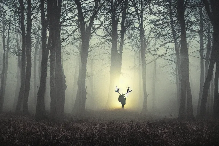 Image similar to a creepy dark forest illuminated by a glowing stag, night