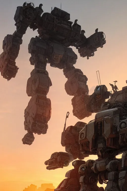 Prompt: A real photo of a Huge Mechwarrior prepared for battle and the sunset in the distance, by Josan Gonzalez, Yoji Shinkawa and Geof Darrow, highly detailed, Unreal Engine Render, 3D, 8k wallpaper