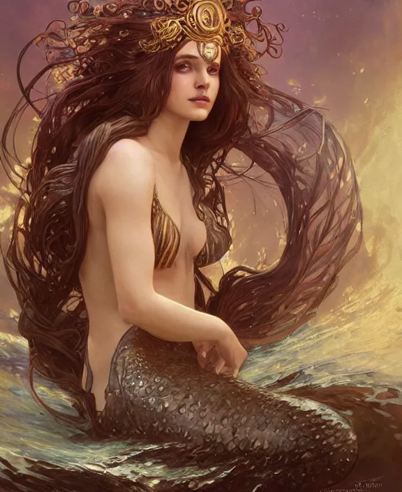 Image similar to portrait of a powerful mermaid sorceress, full body, d & d, fantasy, intricate, elegant, highly detailed, digital painting, artstation, concept art, art by artgerm and greg rutkowski and alphonse mucha