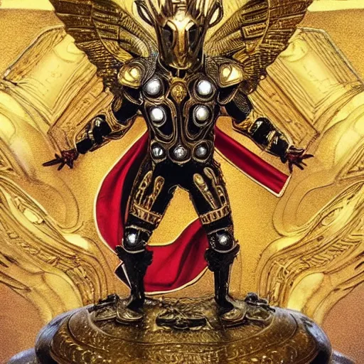 Image similar to Thor in Gold and Red Ornate Armor with Gold Wings, Lightening around the hands and eyes, levitating above the ground, highly detailed, intricate armor, symmetry