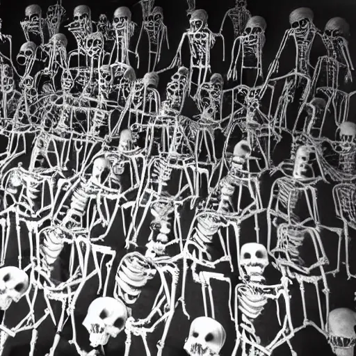 Prompt: photo, a giant crowd of silvery shiny refective black latex claymation skeletons by ray harryhausen dancing inside an underground ussr night club, edge lighting, ray traced lighting