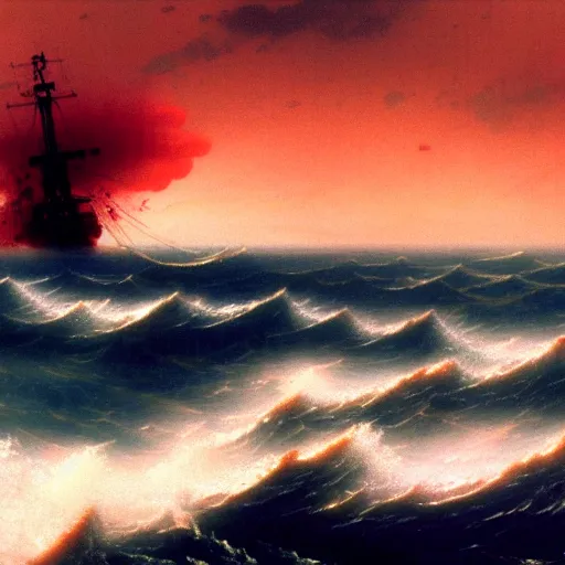 Prompt: bloody ocean, rusted iron ship sinking in red blood ocean, by hideaki anno, Ivan Aivazovsky, junji ito, hd 8k,