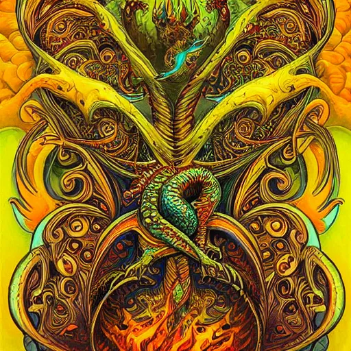 Prompt: a painting of a dragon in a flame, digital art by joe fenton, alex grey, behance contest winner, psychedelic art, psychedelic, lovecraftian, biomorphic, intricate, detailed