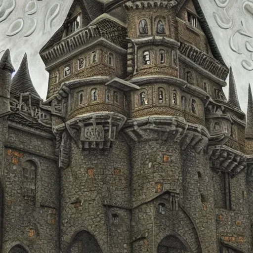 Image similar to main entrance of a castle with subtle lovecraftian vibes, ethereal, oil painting, mc escher