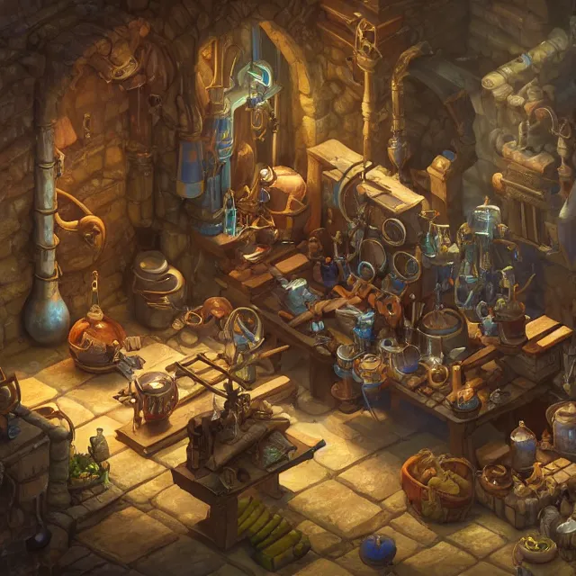 Prompt: a digital painting of a cluttered isometric fantasy medieval alchemist's laboratory by justin gerard, paul bonner, highly detailed, volumetric lighting, digital art, isometric, artstation hd