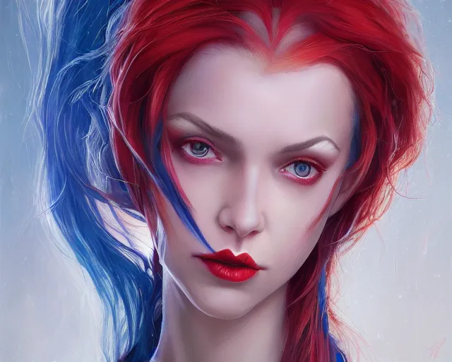 Image similar to A detailed matte oil on canvas head on symmetrical portrait of a distinguished elven woman with red and blue hair on an empty background, by Charlie bowater, Lise Deharme, Wlop, trending on artstationhd, dungeons and dragons art, parted hair , half blue, half red , split dye, critical role