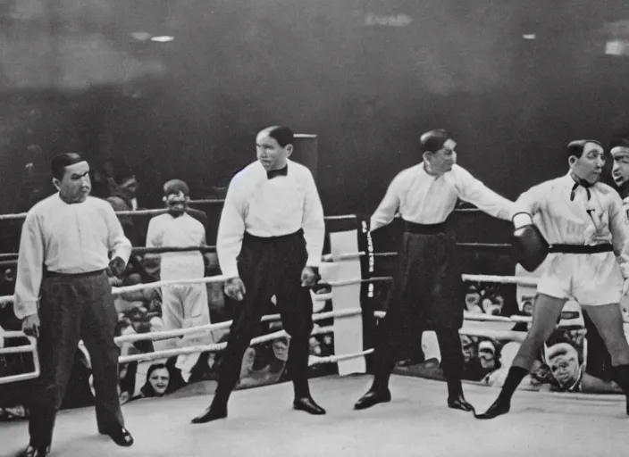 Image similar to jose rizal in a boxing match with adolf hitler, cinematic, colored, wide shot