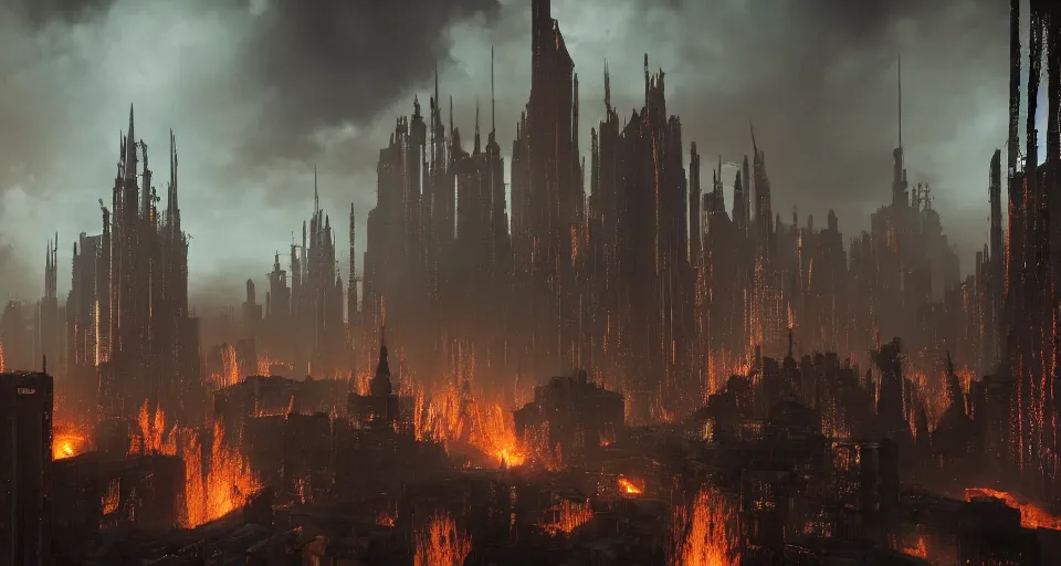 Image similar to a cyberpunk medieval gothic dark-ages city, rich contrast, fivr lava-twisters, feeling of grimdark and gothic horror, explosions and fire, hyperrealistic, octane render, unreal engine, Cryengine 8k UHD