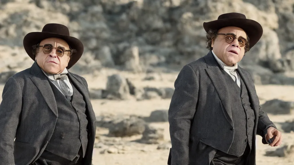 Prompt: still image of danny devito in an episode of westworld, cinematic, 4 0 mm f / 2. 8