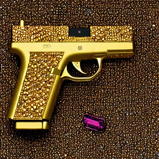 Image similar to a medium shot photograph of a gold glock 18 encrusted with gemstones against a silk background