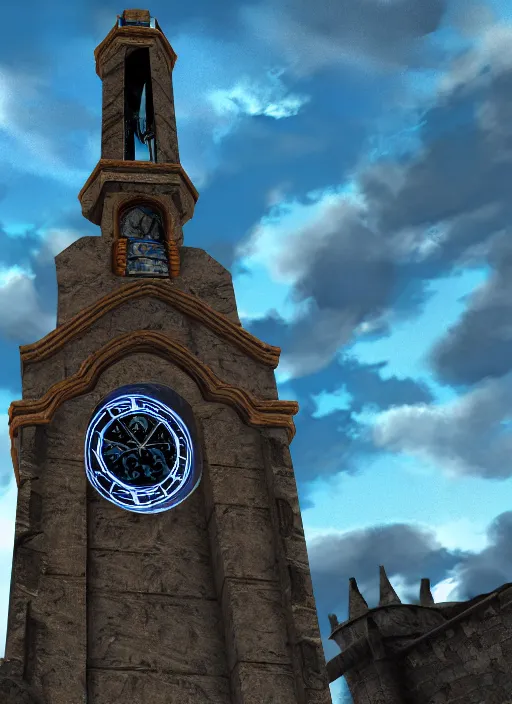 Prompt: tall stone clock tower flying in the sky above a medieval town, abstract, fantasy, blue sky, hyperdetailed, artstation, godrays, cinematic lighting, digital art, 8 k