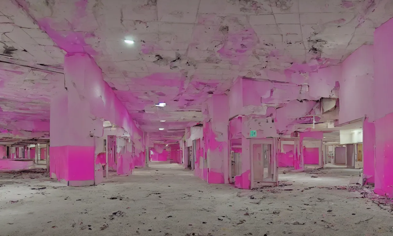 Image similar to backrooms abandoned mall, ominous neon pink and purple vaporwave lighting, moldy walls and stuffed animals sitting in shallow water