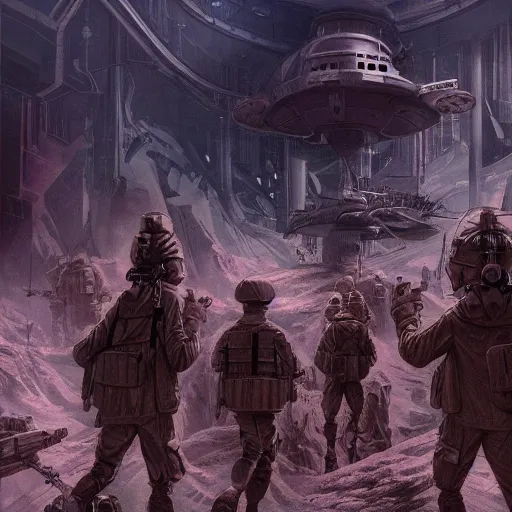 Prompt: soldiers exploring an alien base of operations, 1 9 2 0's sci - fi, deep aesthetic colors, 8 k, highly ornate intricate details, extreme detail,