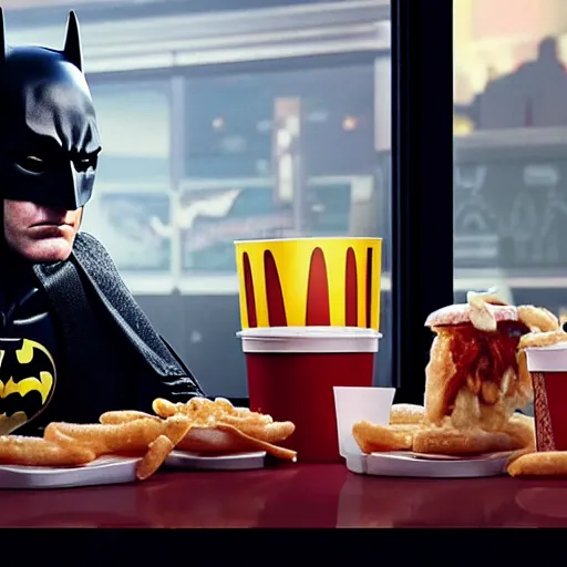 Image similar to A still of Batman eating at McDonalds, 4k, photograph, ultra realistic, highly detailed, studio lighting