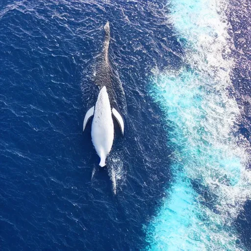 Image similar to an aerial drone shot of a giant whale swimming below a boat in the middle of the ocean