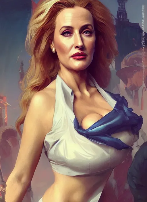 Image similar to lindsey pelas as gillian anderson the president of united states, digital painting, artstation, concept art, sharp focus, illustration, art by artgerm and greg rutkowski and alphonse mucha