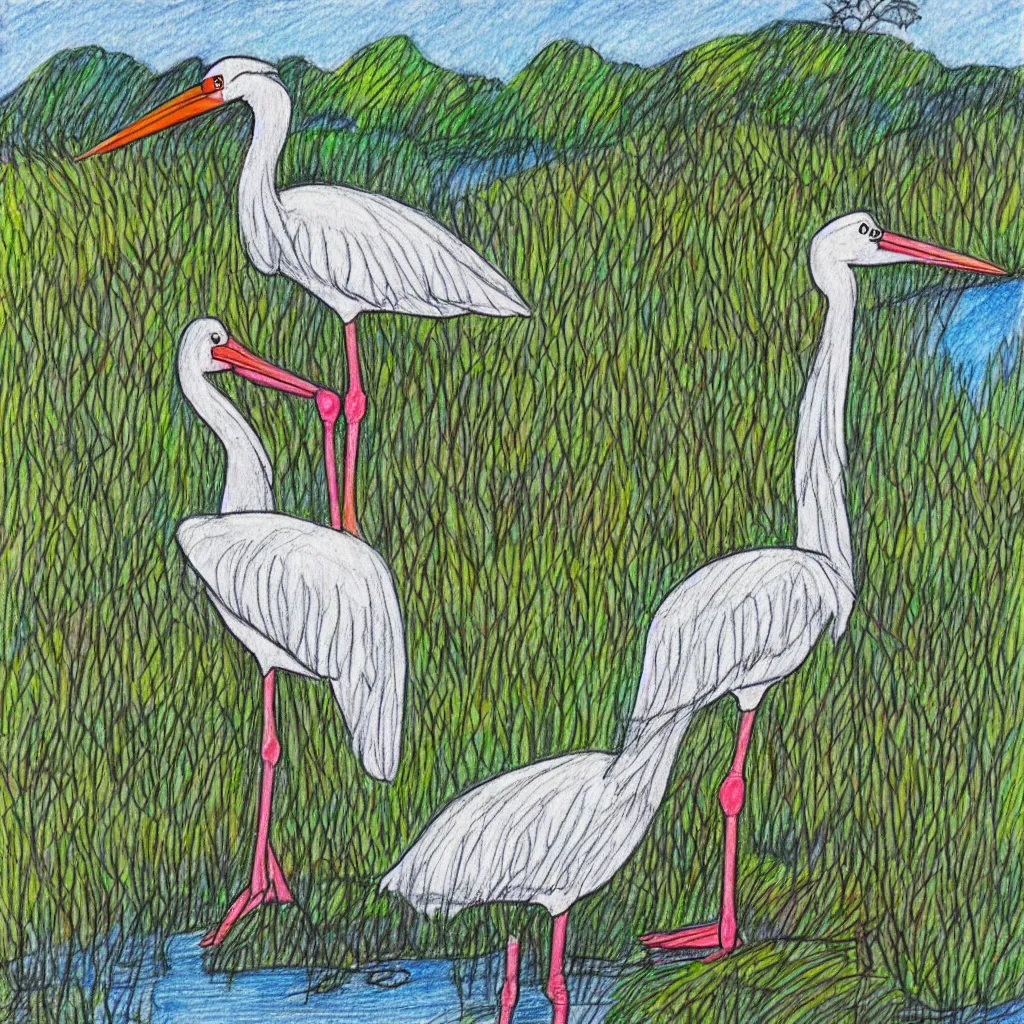 Image similar to post stamp drawing of a stork, lake and forest in distance, colourful, very detailed, 4 k