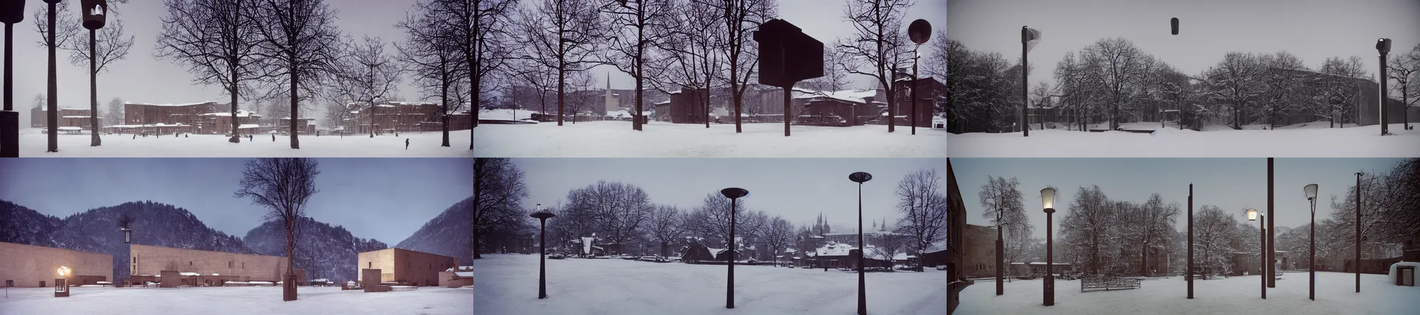 Prompt: 1950 by Peter Zumthor flickr heidelberg school photo taken with ektachrome provia photo taken with provia a matte painting a snowy landscape with a lamp post in the foreground