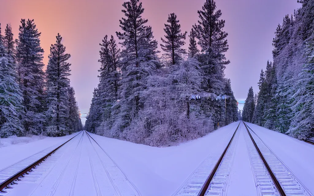 Prompt: perspective looking down a long train track in the snow in winter with calm snow falling, pine trees line the train tracks on either side, desolate and calm winter landscape scene looking down train tracks into the horizon, faint sun setting orange and pinks and purples in the grey snow glistening, 4 k photorender realityengine hyperdetailed vivid