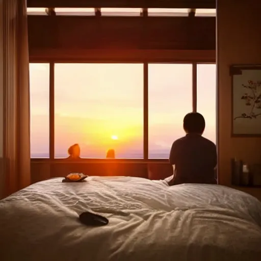 Image similar to a cozy room in Japan with the sunset through the windows and a couple watching the sunset together