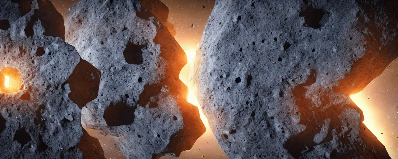 Image similar to movie still, asteroid with many hexagonal holes, unreal engine, octane render, detailed and intricate, global illumination, volumetric lighting, hubble telescope images, james webb telescope images, houdini fluid simulation, detailed and intricate environment