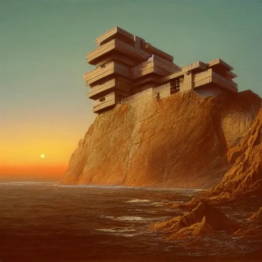 Prompt: painting of of brutalist fascist cyberpunk Japanese castle on the Oregon Coast cliffs at sunset by Zaha Hadid, Beksinski, Moebius, and Rutkowski