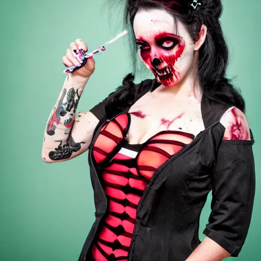 Prompt: hd photo of a gorgeous pinup model nurse goth zombie wearing dark clothes eating brains