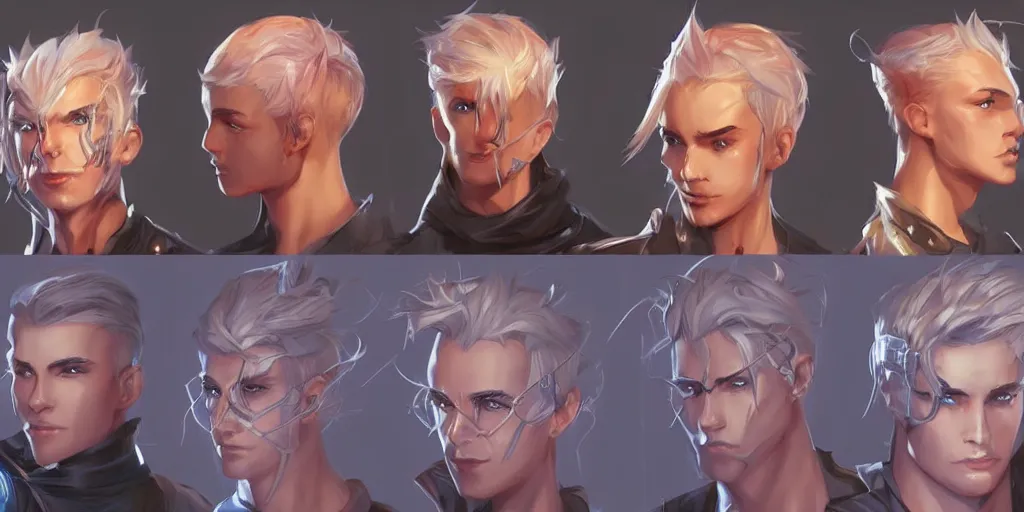 Image similar to concept art of young male netrunner d & d video game characters head designs, unique hair designs, by marc brunet and artgerm