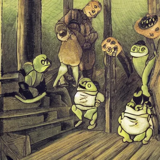 Image similar to pesta i trappen by theodor severin kittelsen, pepe the frog