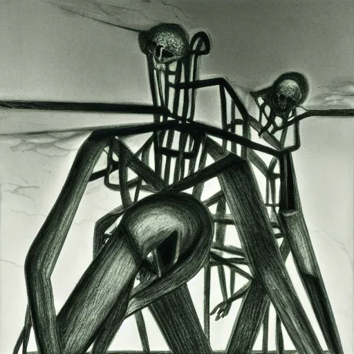 Image similar to depressing cool green by brett weston, by yves tanguy. the drawing features a human figure driving a chariot. the figure is skeletal & frail, with a large head & eyes. the chariot is pulled by two animals, which are also skeletal & frail.