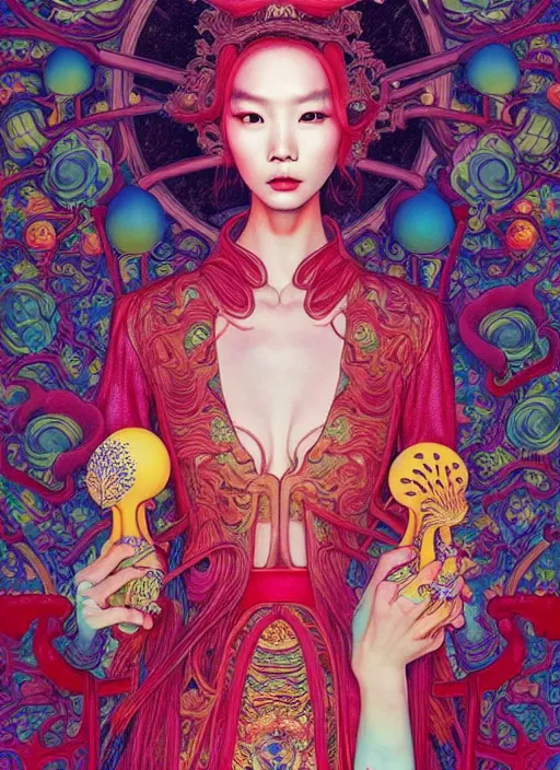 Image similar to pretty chinese model with hallucination mushroom : : by martine johanna and simon stalenhag and chie yoshii and casey weldon and wlop : : ornate, dynamic, particulate, rich colors, intricate, elegant, highly detailed, vogue, harper's bazaar art, fashion magazine, smooth, sharp focus,