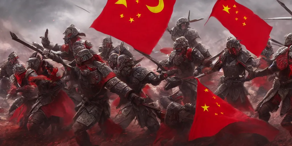 Image similar to mid shot cinematic artwork of a small group of rag tag warriors surrounded by an ancient Chinese army wearing red armor and holding red flags on the battlefield by greg rutowski, masterpiece, 4k