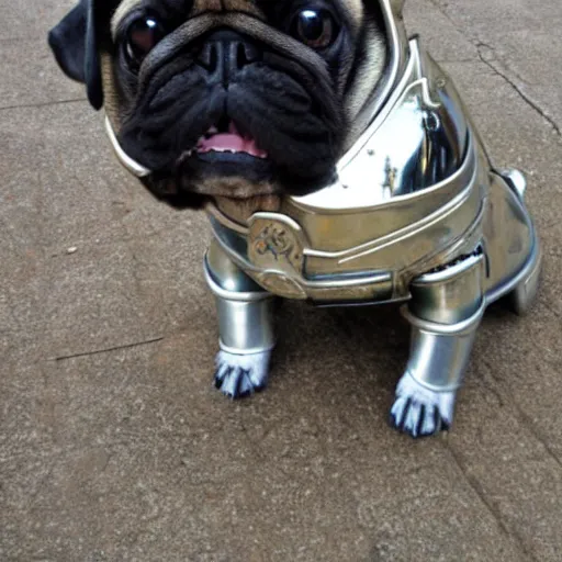 Image similar to pugs with armor, reflections, shiny, Excalibur,