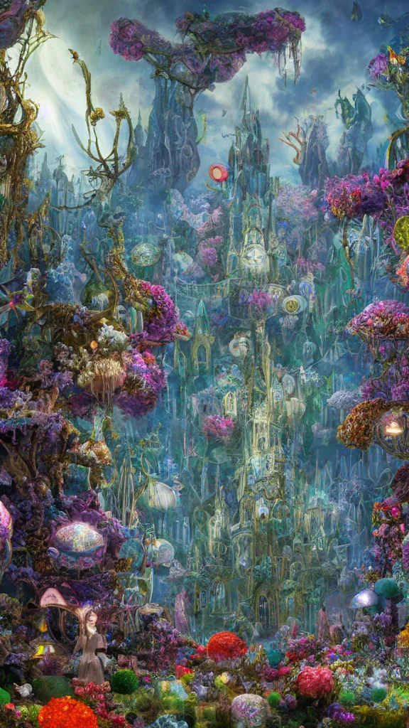 Image similar to a centered render of intricate modular synthesizer of alice in wonderland, shining its light across a tumultuous sea of flowers, undersea animals and gothic crystal church by dorothea tanning and salvador dali, trending on artstation, cyber punk, high contrast, unreal engine, high detailed, 8 k