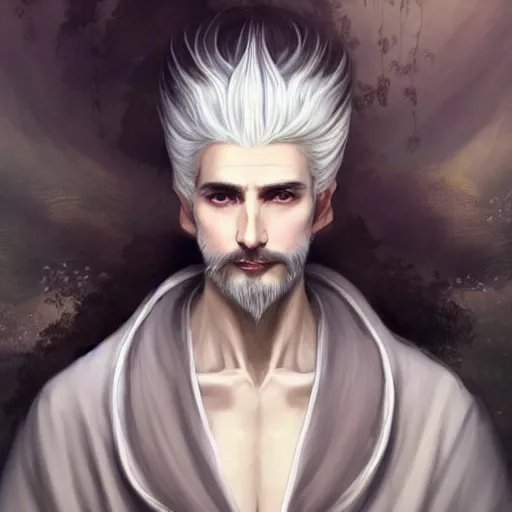 Image similar to white haired robe fu xi full male body portrait, very long white beard and hair, fine delicate prefect face features gaze, aerith gainsborough, elegant, smooth, sharp focus, masterpiece, style of tom bagshaw, cedric peyravernay, peter mohrbacher, victo ngai, pinterest, 4 k hd illustrative wallpaper, animation style, chinese style