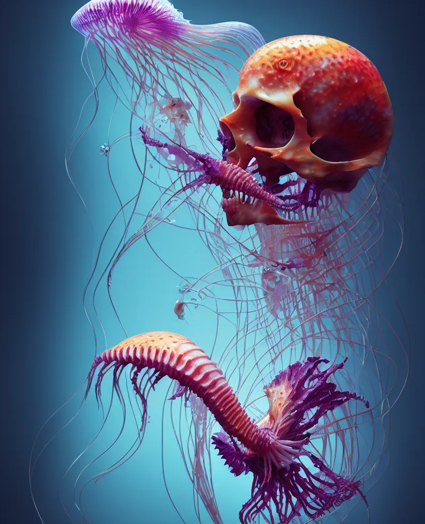 Image similar to human thorax, rib cage, ribs jellyfish phoenix head, nautilus, orchid, skull, betta fish, bioluminiscent creatures, intricate artwork by Tooth Wu and wlop and beeple. octane render, trending on artstation, greg rutkowski very coherent symmetrical artwork. cinematic, hyper realism, high detail, octane render, 8k