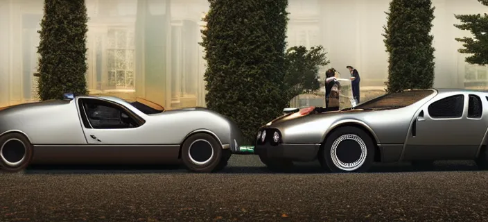 Image similar to a single bugatti type 5 7 sc atlantic and delorean hybrid, dslr, volumetric lighting